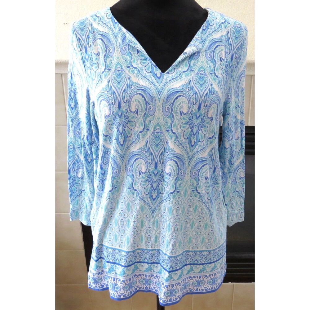 Pappagallo Women's 3/4 Sleeve Tunic Top V Neck Paisley Blue PS EUC